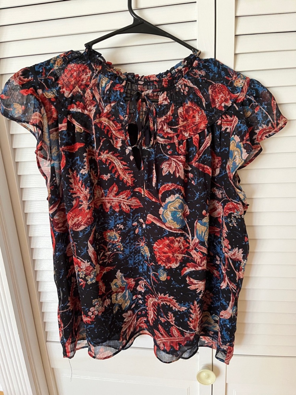 Express Women’s Floral Tie-Neck Blouse - Black with Red & Blue Floral Print